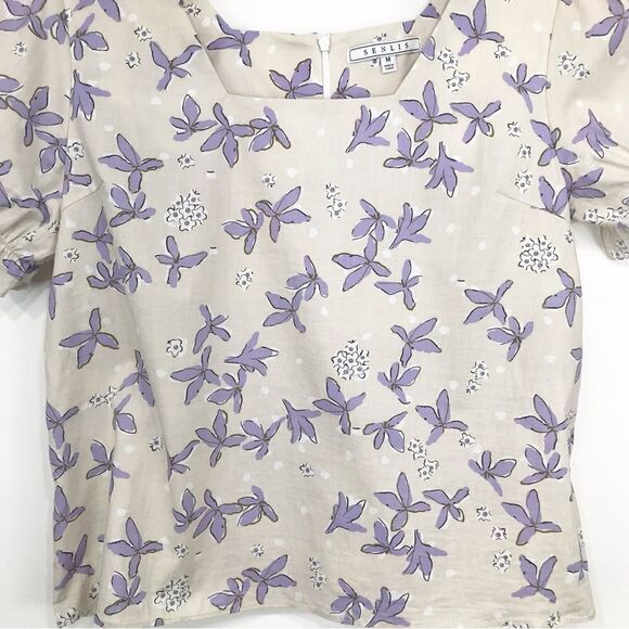 Senlis Anthropologie 100% Cotton Purple Cream Floral Puff Sleeve Blouse - Picture 5 of 15